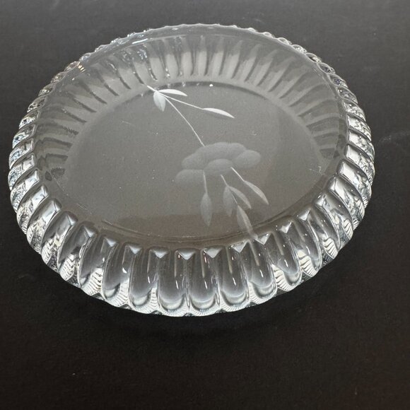 Etched Floral Clear Glass Trim Rim Paperweight Coaster Office Desk Home Decor - Picture 6 of 12